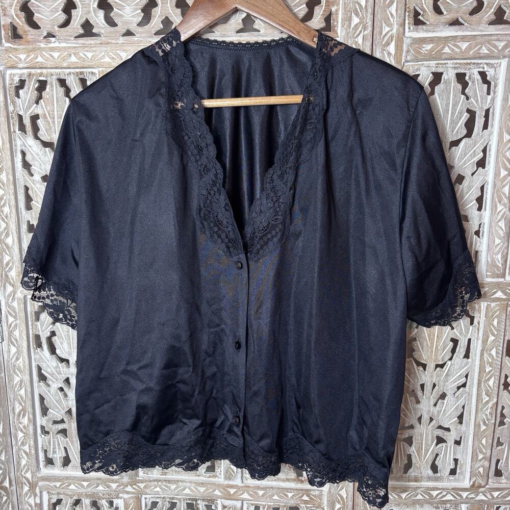 Vintage Ilusion Black Lace Trim Negligee Top Coquette Fairycore Soft Girl SZ XL